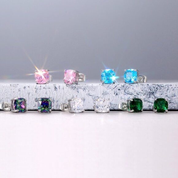 Classic Square Colorful Zircon Dainty Earrings for Women, VP1025 - Picture 4 of 4